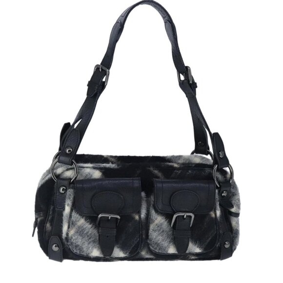 BURBERRY Nova Check Blue Label Shoulder Bag Wool Leather Black Auth 102387 - Picture 10 of 16